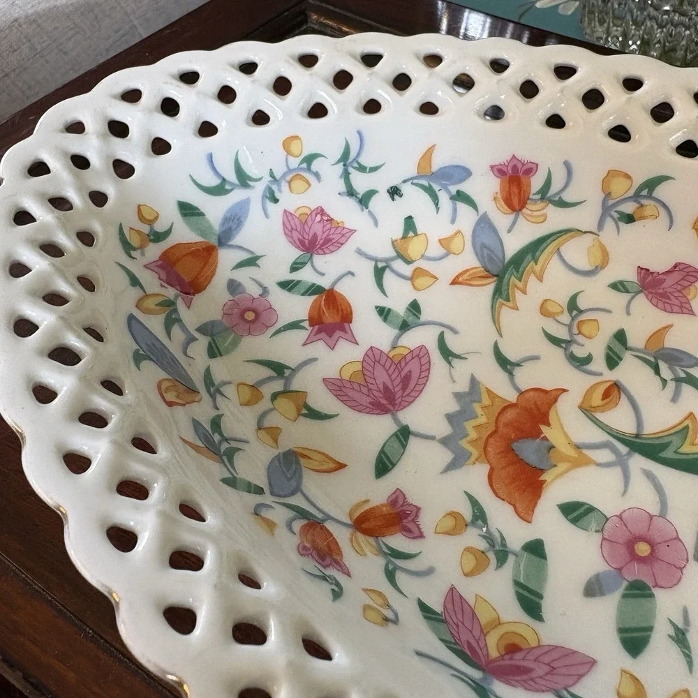 Vintage Retriculated Lace Rim Oval Dish Bright Happy Flowers 10